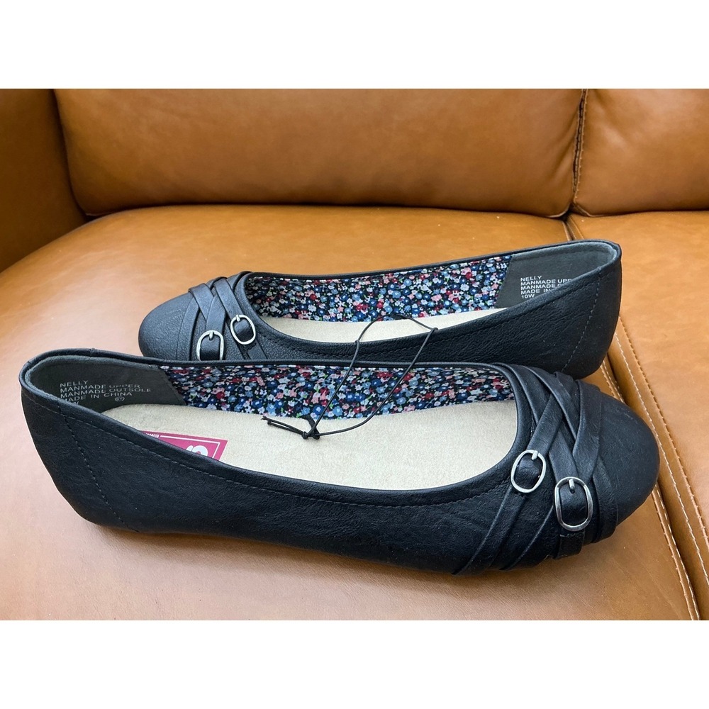 Pop Nelly Ballet Flats Womens 10W Black New Memory Foam Buckle Wide Width